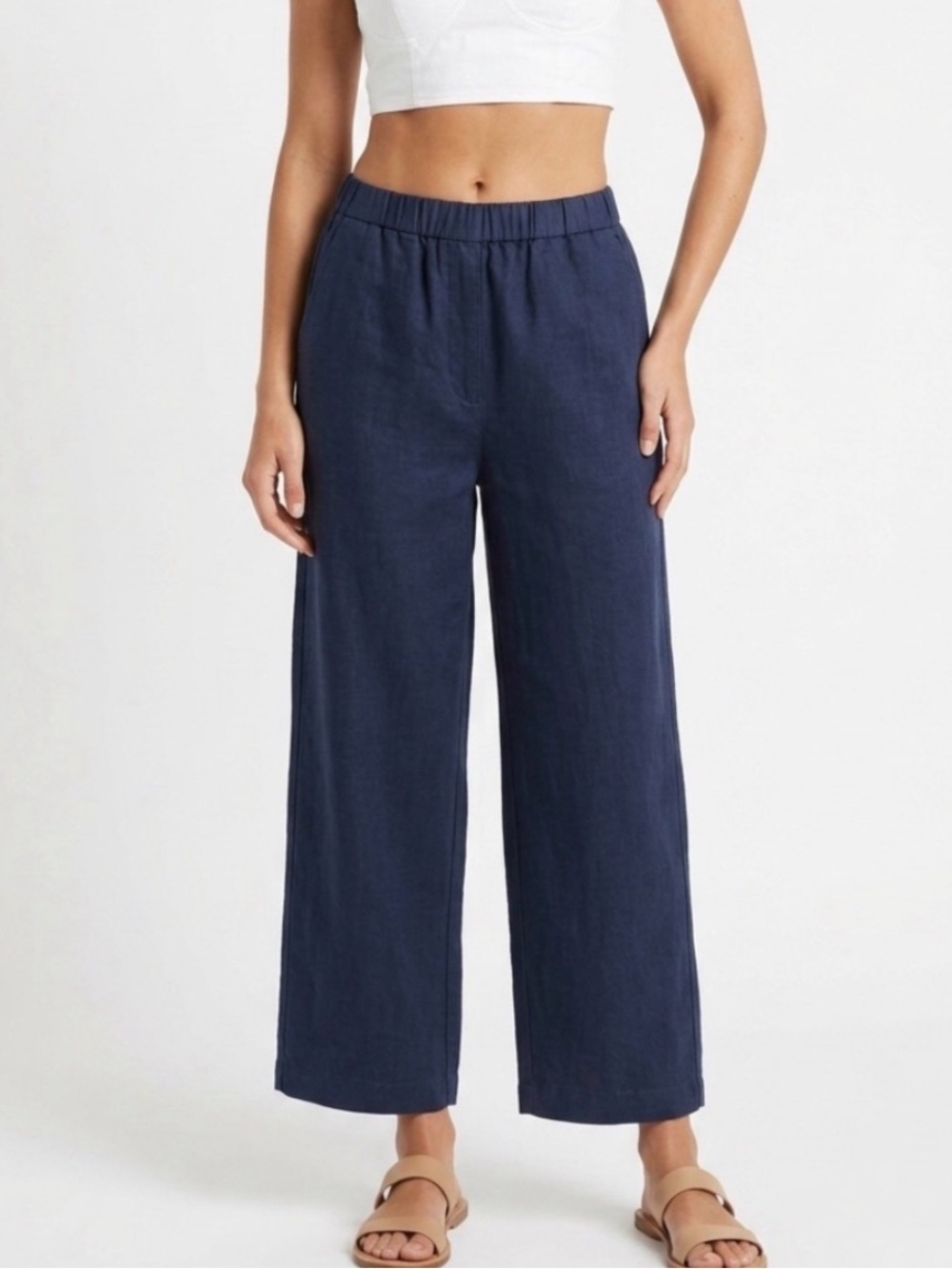 Quince European Linen Pants Navy Wide Leg Crop Pull On Elastic Waist XL